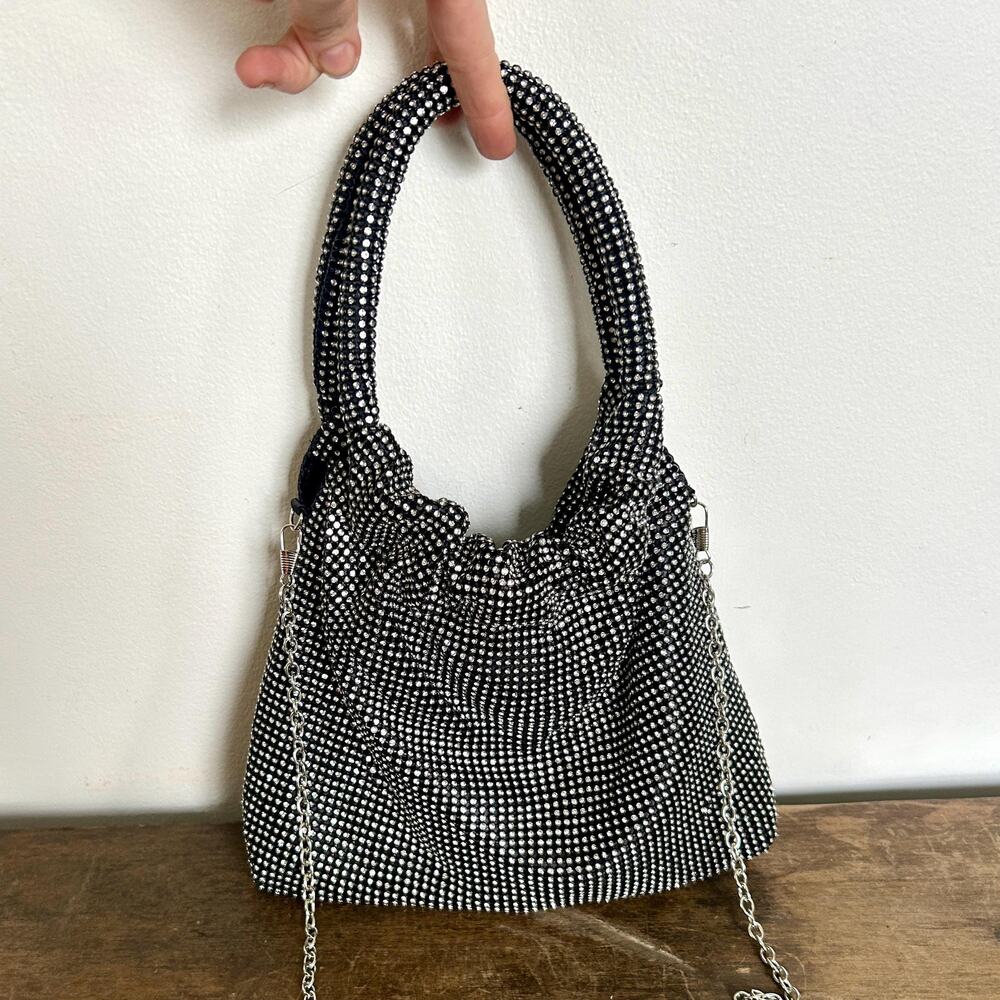Vintage 90's Rhinestone Encrusted Slouchy Black Evening Bag with Shoulder Chain
